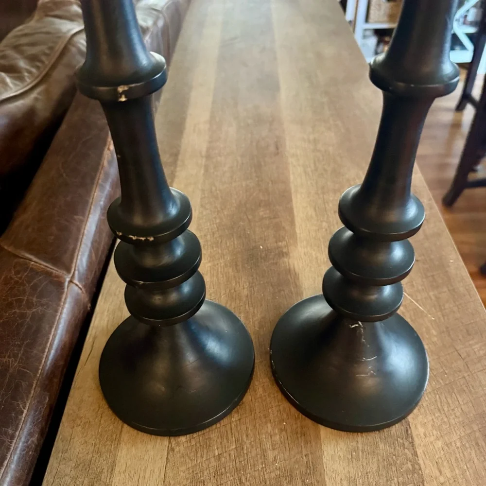 Cost Plus World Market Black Mango Wood Ringed Taper Candle Holder Matte 16